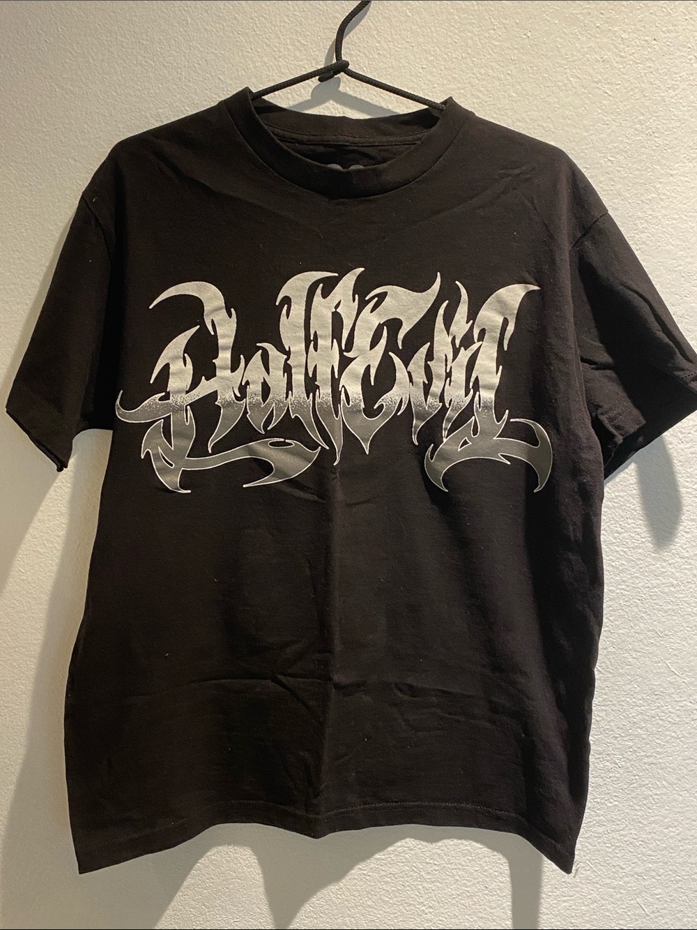 Men's Half Evil 333 Black Short Sleeve Tee with Silver Script Graphic